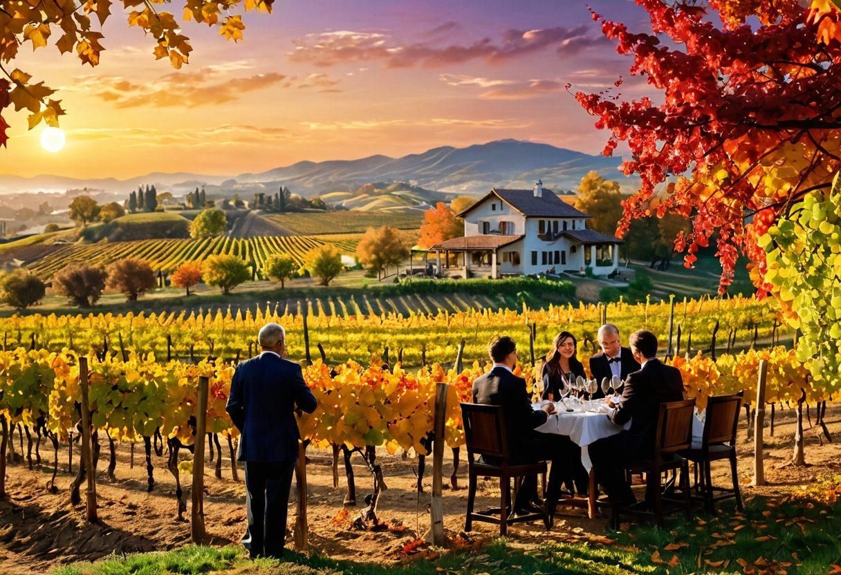 A picturesque vineyard landscape under a golden sunset, showcasing rows of lush grapevines with colorful autumn leaves. In the foreground, a wine tasting event with elegantly dressed individuals savoring wine from exquisite glasses, surrounded by traditional Asian architecture in the background. The scene is infused with a sense of adventure and serenity, creating an inviting atmosphere for wine lovers. vibrant colors. super-realistic.
