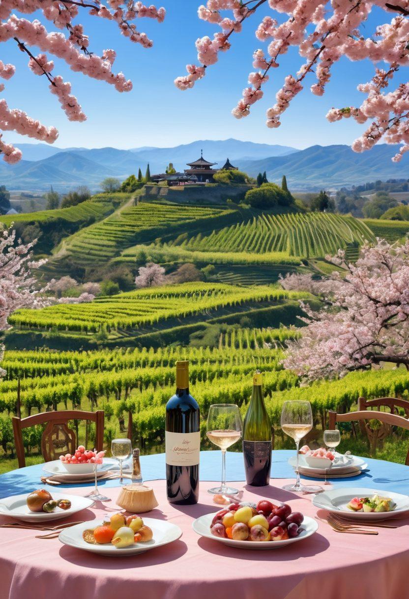 A picturesque landscape showcasing lush vineyards nestled among rolling hills, with an elegant table set for a wine tasting under a clear blue sky. Include traditional Asian architectural elements in the background, like pagodas surrounded by cherry blossom trees. A diverse group of people in cultural attire sharing a joyful moment over wine. soft focus, vibrant colors, super-realistic.