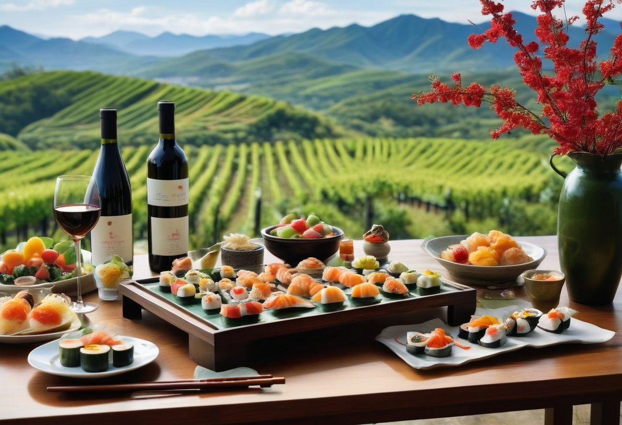 A beautifully arranged table showcasing an elegant wine tasting setup, featuring traditional Asian wine bottles alongside vibrant, fresh culinary pairings such as sushi, dim sum, and tropical fruits. The backdrop should highlight scenic Asian vineyards with lush green hills under a bright sky, creating a serene ambiance. Add delicate floral elements to enhance the appreciation of culture and tradition. super-realistic. vibrant colors. 3D.